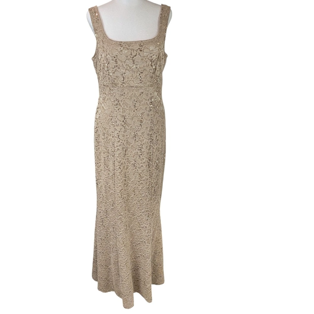 Ignite Evenings Sparkling Sequin Lace‎ Overlay Formal Gown Sz 8 Taupe Sleeveless